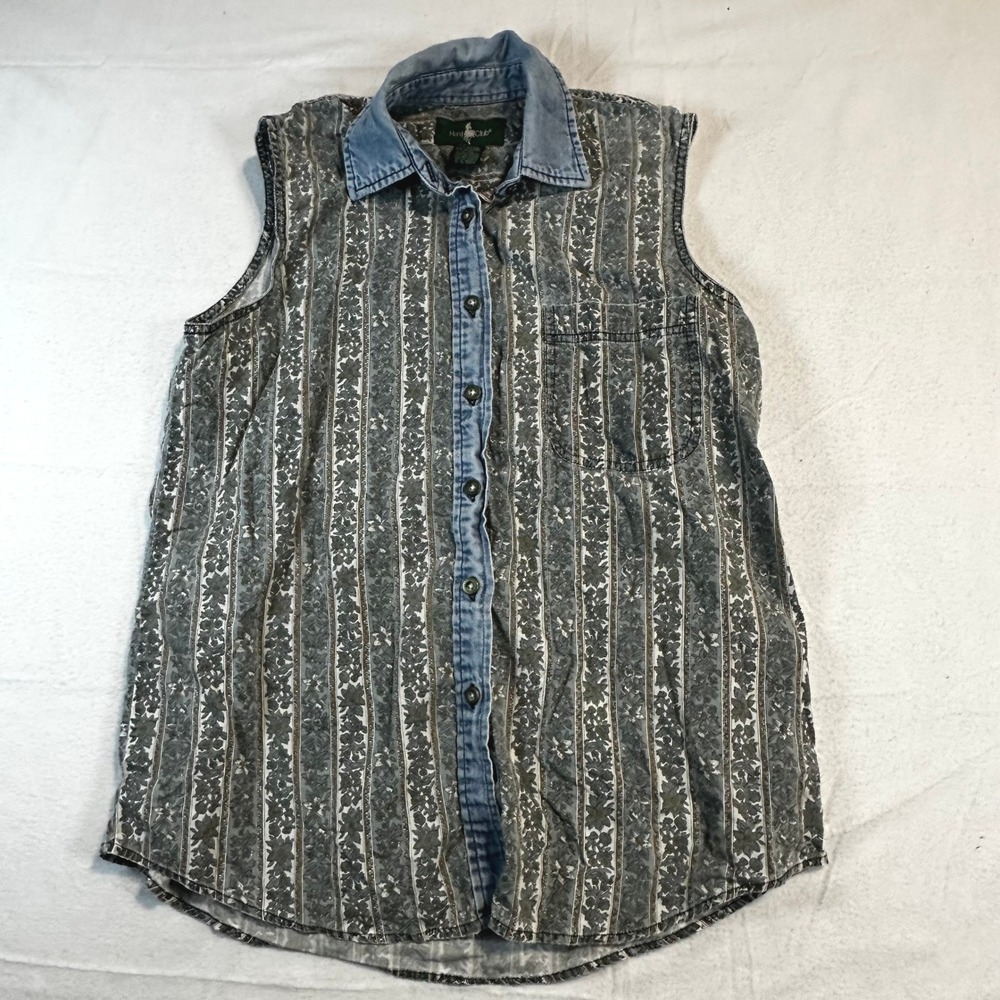 Vintage 90s Women Medium Sleeveless‎ Floral Stripe Denim Top Cottagecore Western